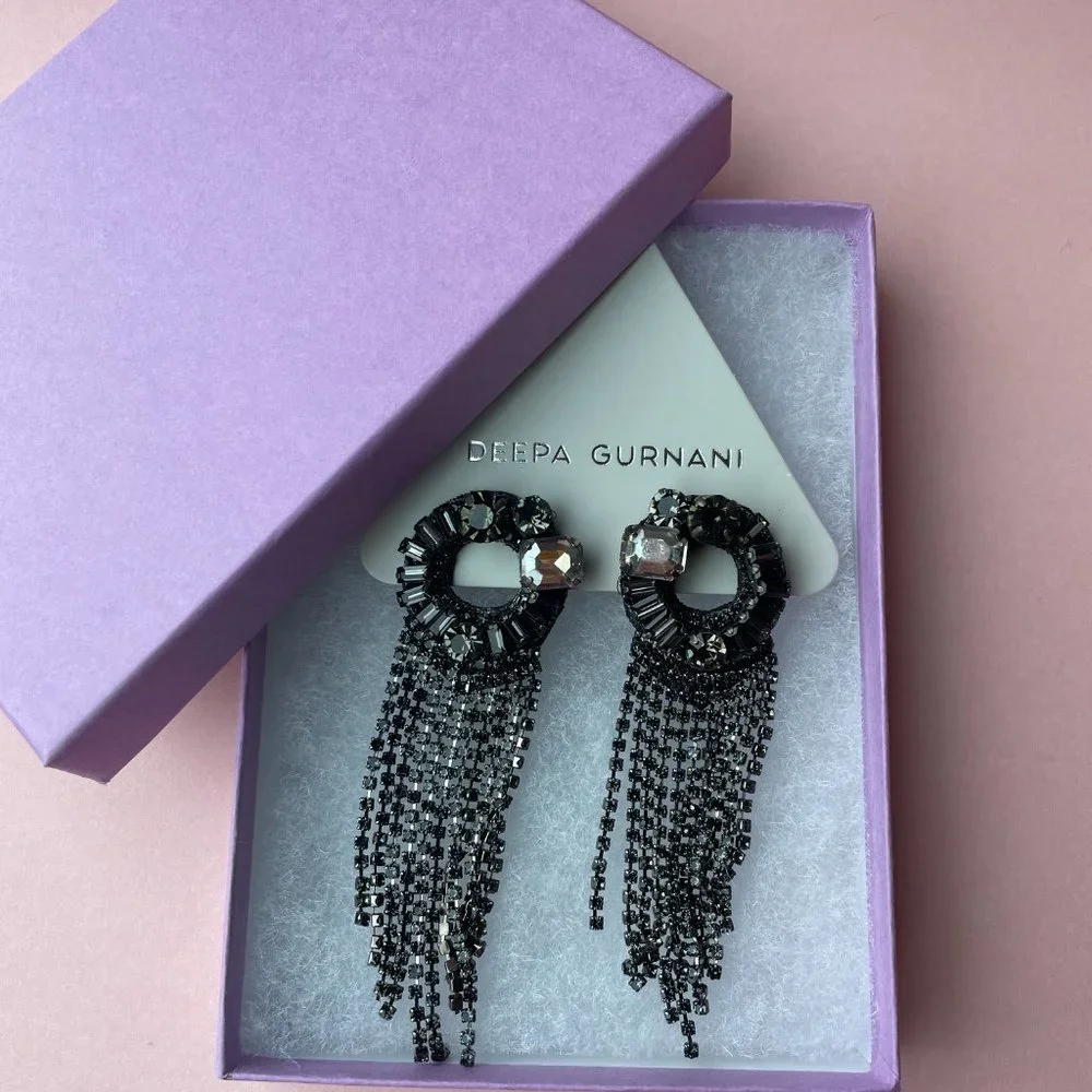 NWT Deepa Gurnani Crystal Rhinestone Chandelier Earrings-Silver Gunmetal Grey - Picture 10 of 10